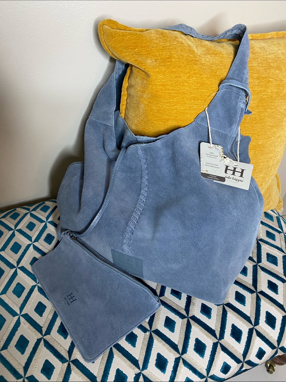 NWT! Haute Hippie Genuine Powder Blue Suede Slouchy Hobo W/ Detachable Small Bag - Picture 2 of 10